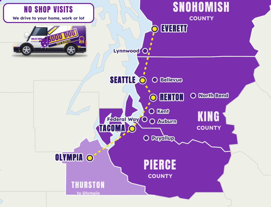 Good dog mobile auto glass replacement services all of Western Washington, from snohomish, king and pierce county high quality auto glass repair